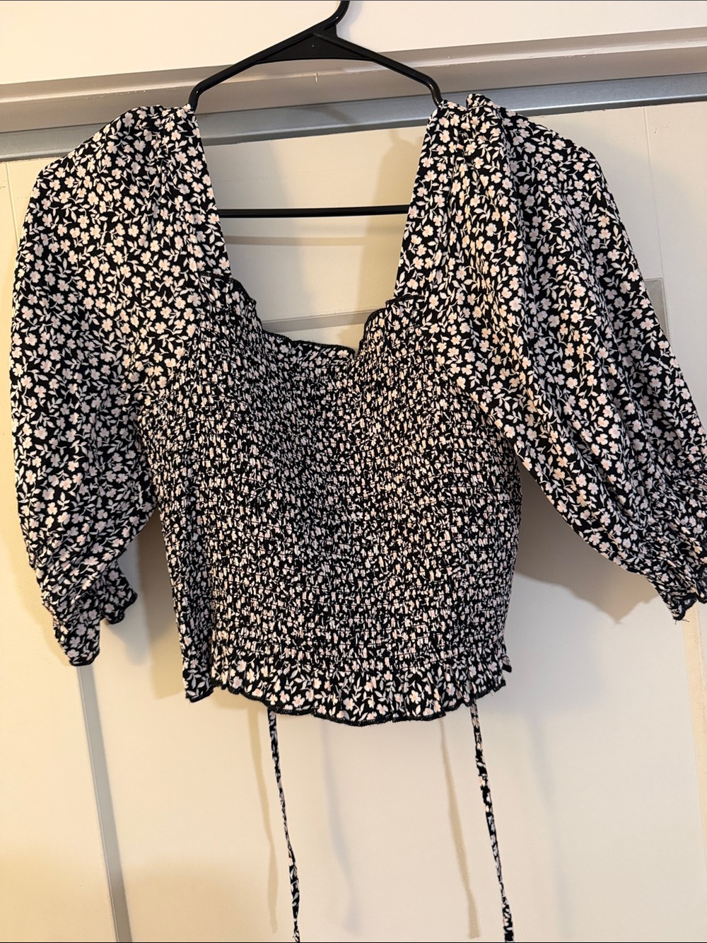 Black Floral Smocked Peasant Top
